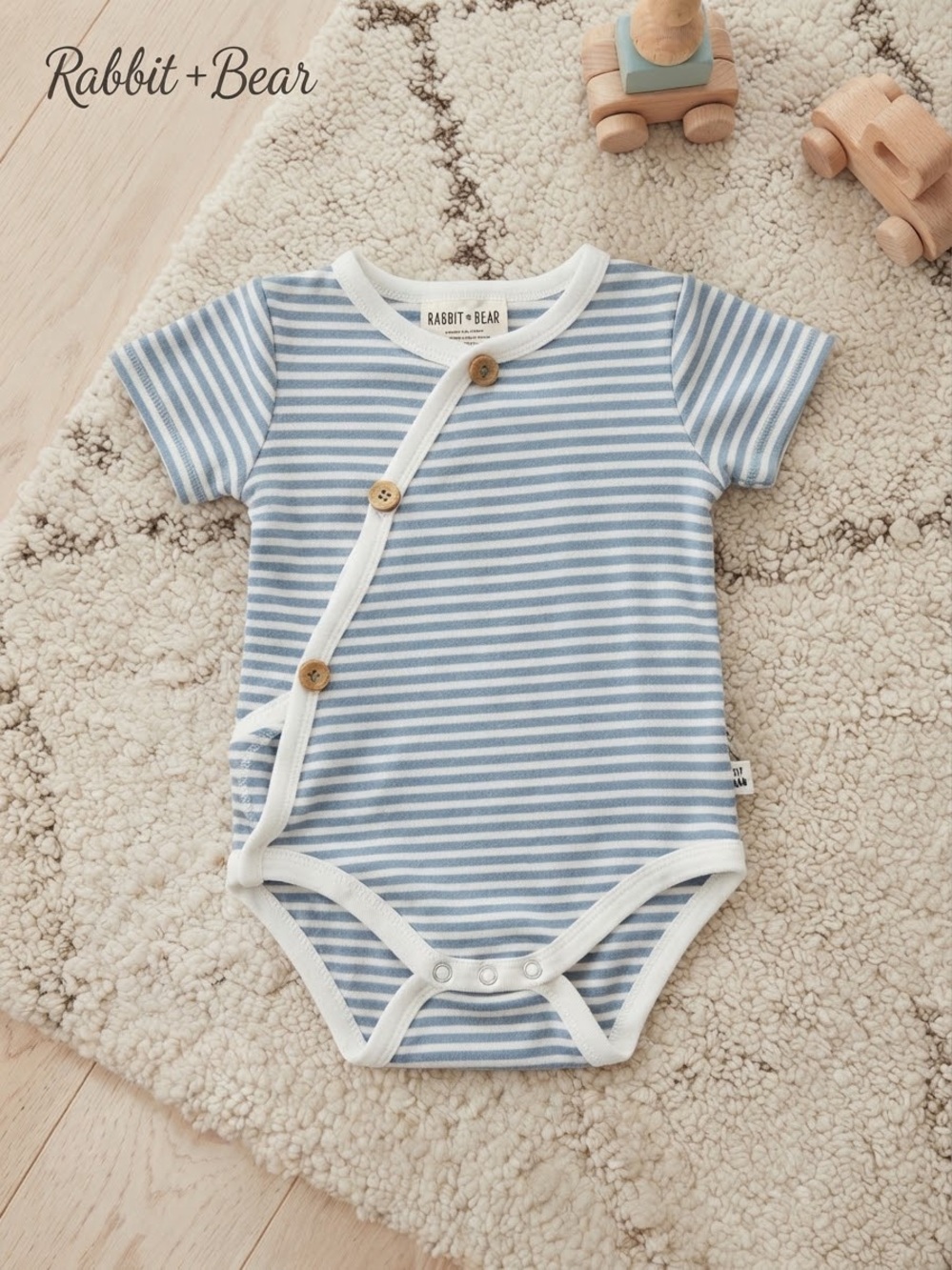 Rabbit Bear Blue White Striped Side-Button Kimono Bodysuit 3-6M EUC